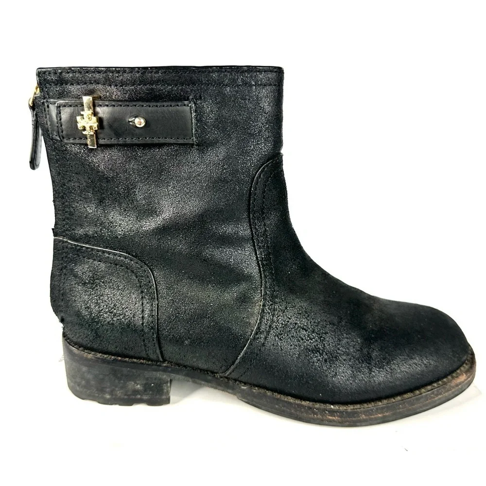Tory Burch leather Selena biker moto boots ankle distressed black 7.5 strap zip